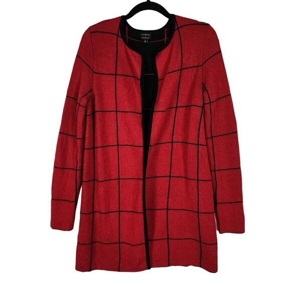 Talbots Pure Merino Wool Open Front Long Line Cardigan Sweater Red Windowpane Sm - Picture 1 of 8